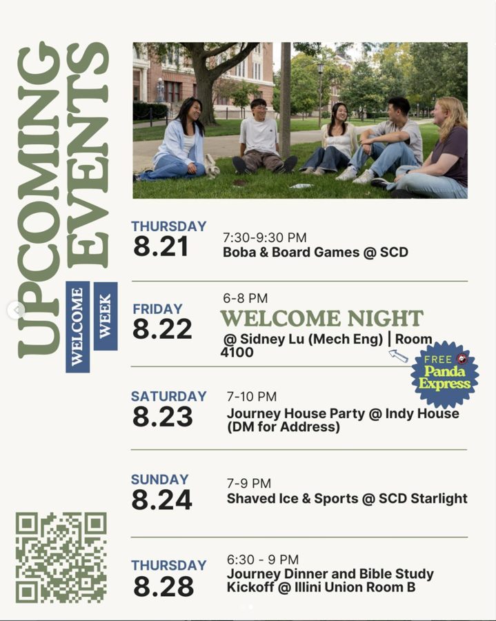 Welcome Week schedule slide listing five events from Aug 21 to Aug 28